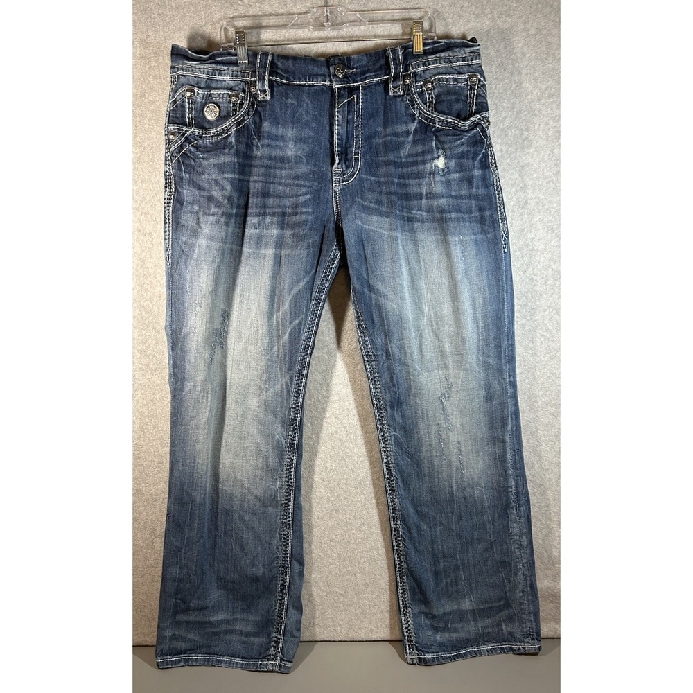Rock Revival Adley Straight Relaxed Denim Jeans Mens Distressed Thick Stitched